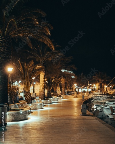 Vertical of a beautiful illuminated night street in Dalmatia, Croatia by the seashore
