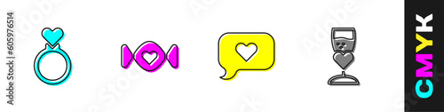 Set Wedding rings, Candy, Heart speech bubble and Glass of champagne icon. Vector