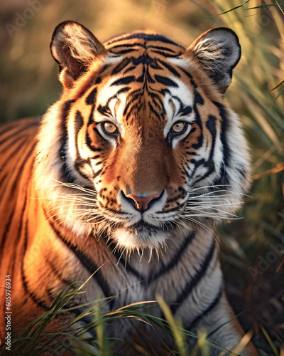 Portrait of Tiger looking at the camera. Close-up. Generative Ai content.
