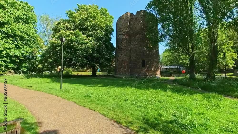 Push in shot of Cow Tower, a medieval fortress in the city of Norwich. Captured on a bright and sunny morning Push in shot of Cow Tower, a medieval fortress in the city of Norwich. Captured on a bright and sunny morning