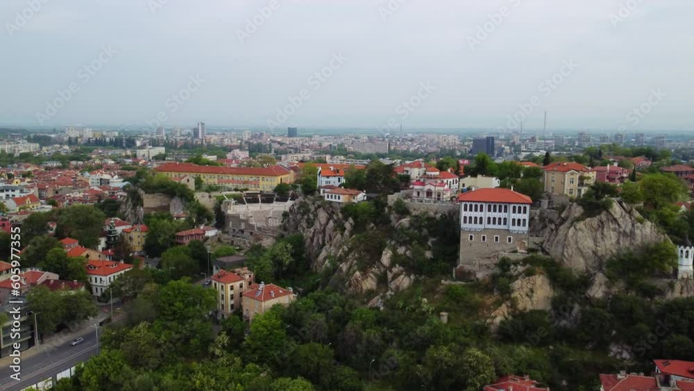 Aerial cityscape of Plovdiv old city center in Bulgaria
