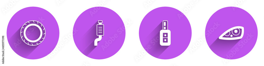 Set Car tire wheel, muffler, key with remote and headlight icon with long shadow. Vector Set Car tire wheel, muffler, key with remote and headlight icon with long shadow. Vector