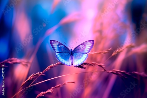 Artistic visualisation of a butterfly on blade of grass and defocused blue and pink background of wild nature, generative AI illustration © Olena Panasovska