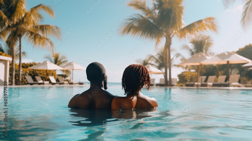 Back view of african american couple relaxing in swimming pool at luxury resort. Generative AI.