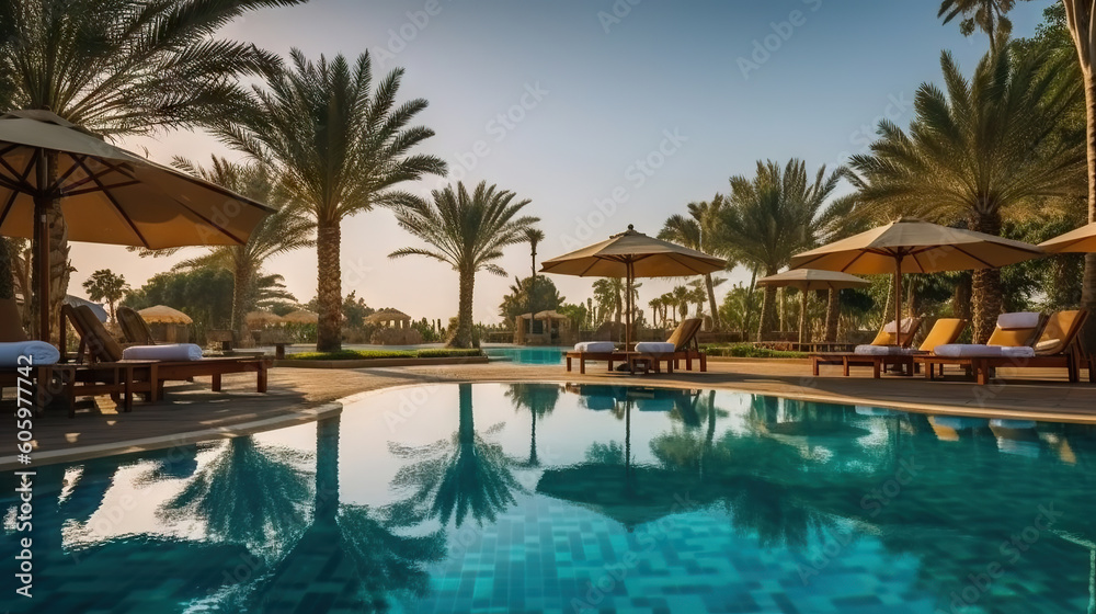 Luxury swimming pool with palm trees and sun loungers at sunset. Generative AI.