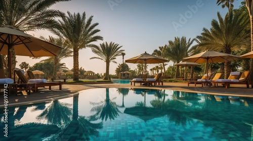 Luxury swimming pool with palm trees and sun loungers at sunset. Generative AI. © AS Photo Family