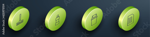 Set Isometric line Handle broom, Bottle for cleaning agent, Trash can and Laundry detergent icon. Vector