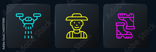 Set line Smart farm with drone, Waterproof rubber boot and Farmer in the hat. Black square button. Vector