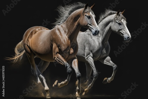 Couple of horses portrait run isolated on black background, hyperrealism, photorealism, photorealistic © abstract Art