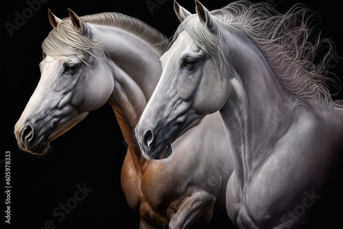 Couple of horses portrait run isolated on black background, hyperrealism, photorealism, photorealistic