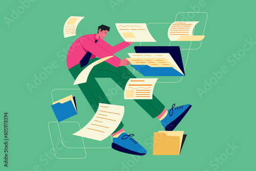 Man holding files and folder full of documents flat illustration