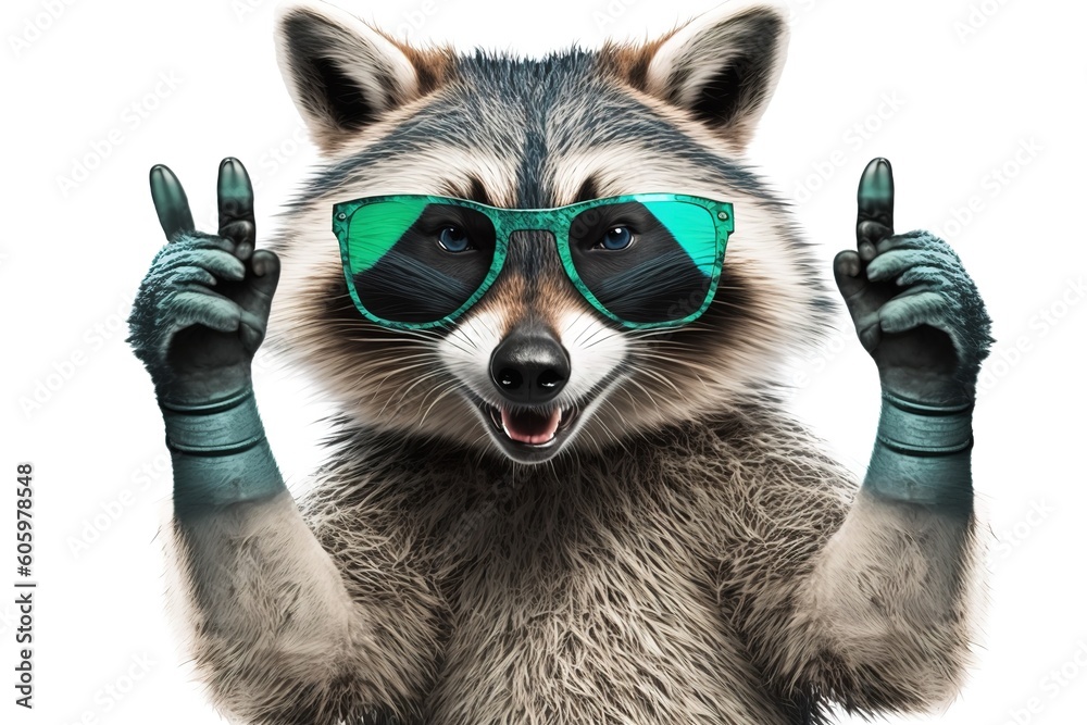 Funny raccoon in green sunglasses showing a rock gesture isolated on white background, hyperrealism, photorealism, photorealistic