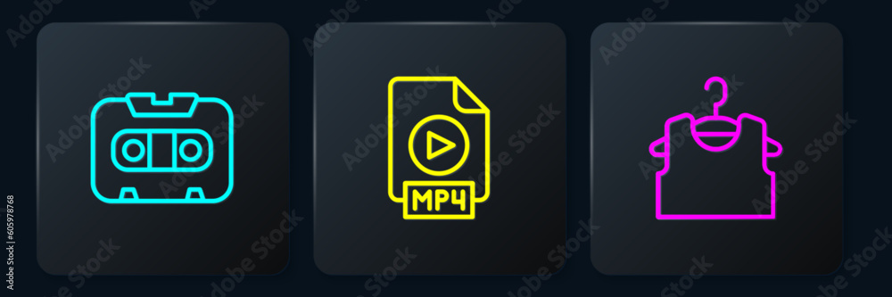 Set line Retro audio cassette tape, Sleeveless T-shirt and MP4 file document. Black square button. Vector Set line Retro audio cassette tape, Sleeveless T-shirt and MP4 file document. Black square button. Vector