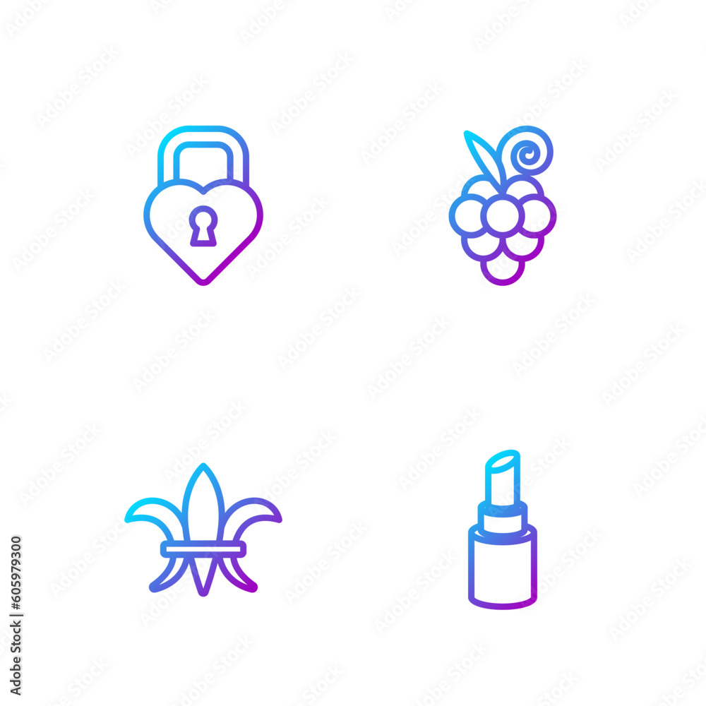 Set line Lipstick, Fleur De Lys, Castle in the shape of heart and Grape fruit. Gradient color icons. Vector Set line Lipstick, Fleur De Lys, Castle in the shape of heart and Grape fruit. Gradient color icons. Vector