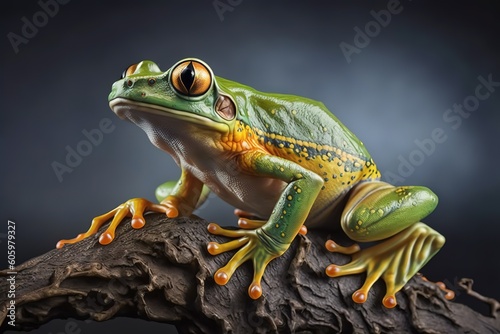 Tree frog, flying frog, javan tree frog, hyperrealism, photorealism, photorealistic