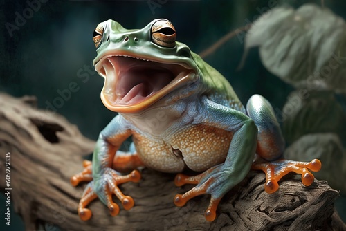 Tree frog, flying frog laughing, hyperrealism, photorealism, photorealistic