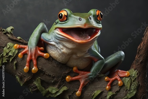 Tree frog, flying frog laughing, hyperrealism, photorealism, photorealistic