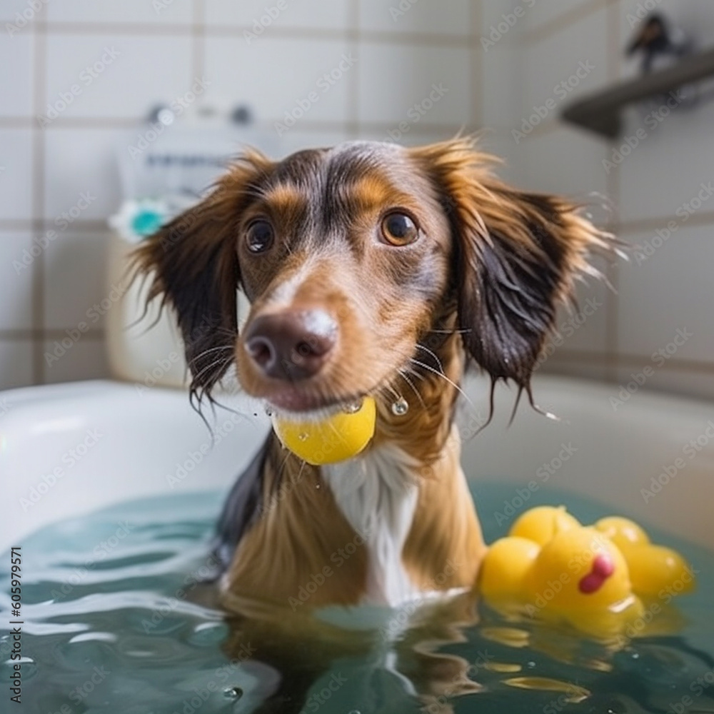 Dachshund dog taking a bath with yellow rubber duckies Stock ...
