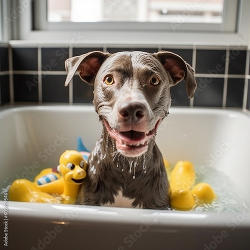 Cute dog taking a bath in the bathtub with yellow rubber ducks.