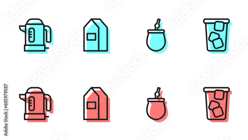 Set line Mate tea, Electric kettle, Paper package for milk and Ice icon. Vector
