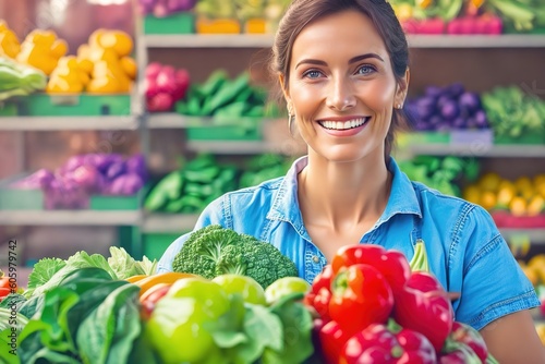 Portrait of a happy greengrocer standing in front of the vegetables. Happy owner of a nice and beautiful woman in an apron. Grocery. Copy space text. photo