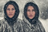 Sisters Young Inuit women in winter in the snow. generative ai