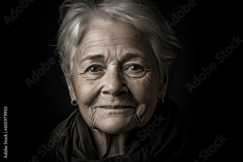 Close-Up Portrait of a Fictional Old Lady. Generative AI illustration. © Tuyres