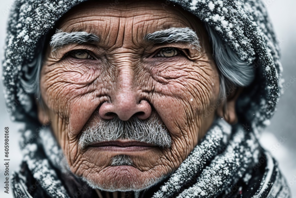 Fototapeta premium Senior inuit elderly man at winter in snow. Ai generative