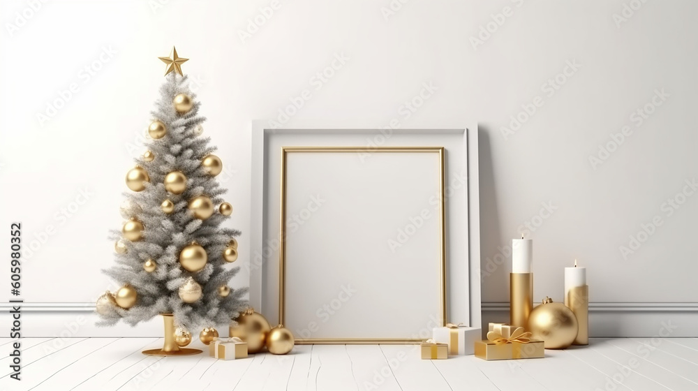 Vertical poster mock up with gold and silver frame, decorated christmas tree, garland lights and holiday decoration on white wall background. 3D rendering. Generative AI