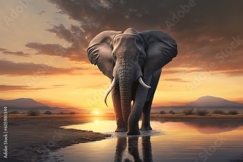 Elephant and sunset, hyperrealism, photorealism, photorealistic © abstract Art