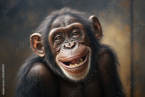 Smiling happy Chimpanzee. , hyperrealism, photorealism, photorealistic © abstract Art