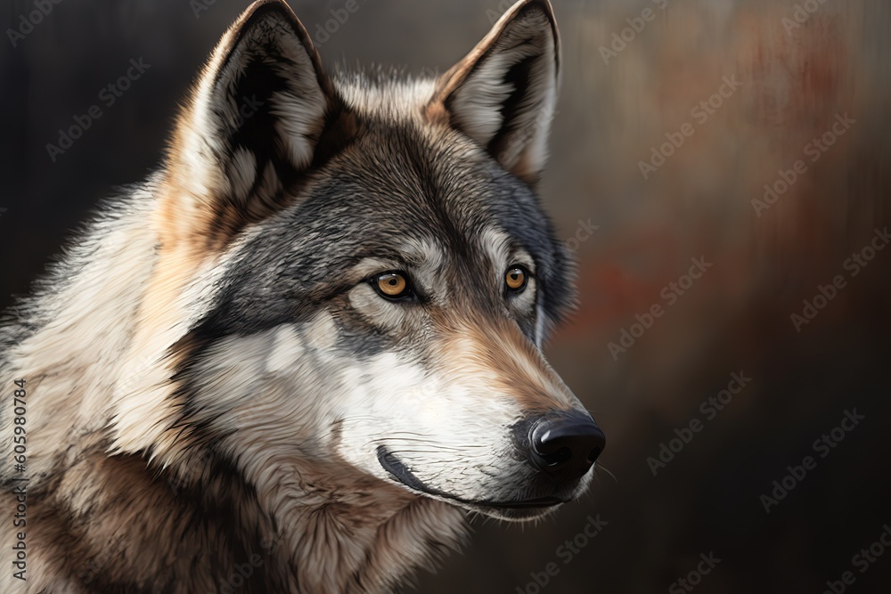 A grey wolf Canis lupus, hyperrealism, photorealism, photorealistic