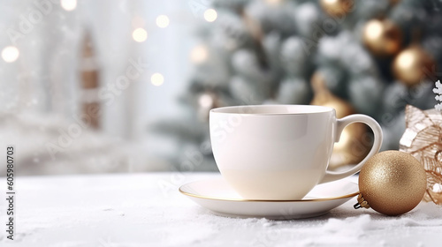 White ceramic coffee cup with christmas decoration on woon table background. mockup for creative advertising text message or promotional content. Generative AI