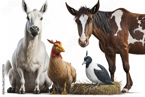Variety of farm animals in front of white background, hyperrealism, photorealism, photorealistic