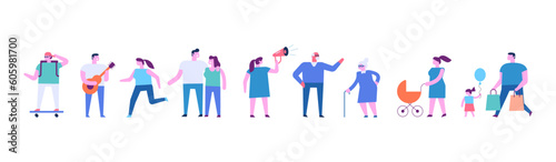 Tiny people group horizontal banner. Different tiny people characters. Flat vector illustration isolated on white..