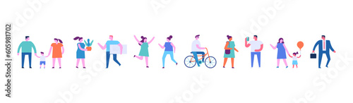 Tiny people group horizontal banner. Different tiny people characters. Flat vector illustration isolated on white..