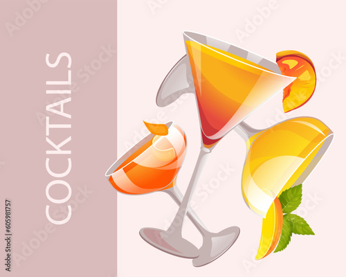 Background with cocktails.Summer alcoholic cocktails with mango, peach.Vector illustration.