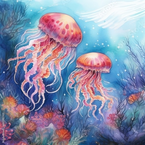 Two jellyfish mother and baby child swimming underwater, watercolor illustration created with AI, marine animals