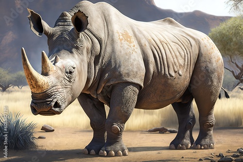 A white rhinoceros, Madikwe Game Reserve, hyperrealism, photorealism, photorealistic photo