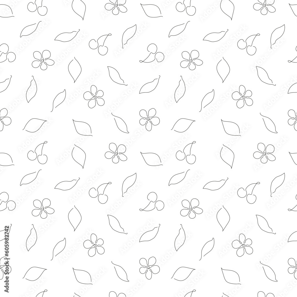 Pattern with cherry fruit, flower and leaves without background