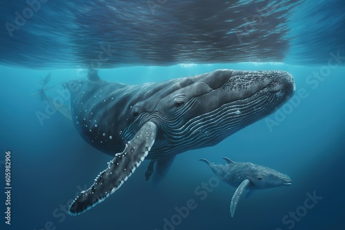 Humpback whale( Megaptera novaeangliae) and calf in the waters of Tonga, hyperrealism, photorealism, photorealistic