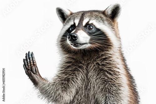 Portrait of a funny raccoon showing a rock gesture isolated on white background. JPG, hyperrealism, photorealism, photorealistic © abstract Art