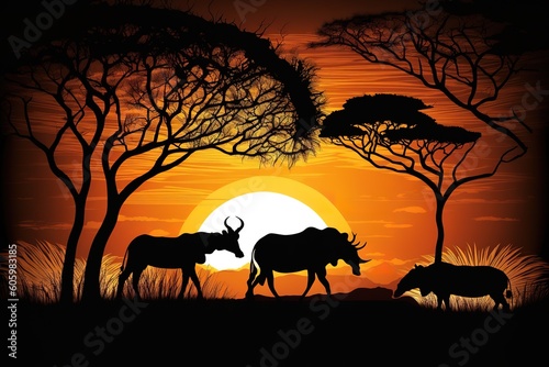 Savanna animals on a background of a sunset sun. Silhouettes of wild animals of the African savannah. African landscape with animals and trees at sunset, hyperrealism, photorealism, photorealistic