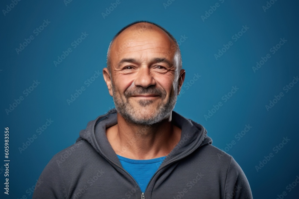 Middle Aged Fictional Man Smiling Isolated on a Plain Blue Background. Generative AI illustration.