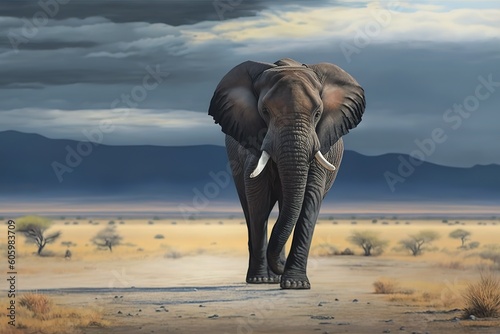 A lone elephant standing in the distance  Kenya  hyperrealism  photorealism  photorealistic