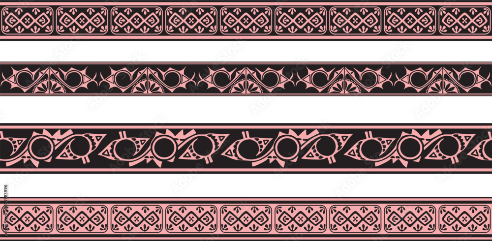 Vector set of pink and black Native American ornamental seamless borders. Framework of the peoples of America, Aztecs, Maya, Incas.. Vector set of pink and black Native American ornamental seamless borders. Framework of the peoples of America, Aztecs, Maya, Incas..