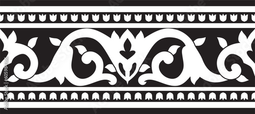 Vector monochrome black seamless turkish ornament. Endless ottoman national border, frame..