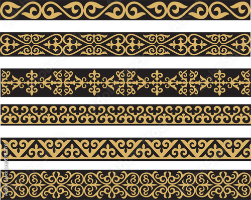 Set of vector gold and black seamless Kazakh national ornament. Ethnic pattern of the nomadic peoples of the great steppe, the Turks. Border, frame Mongols, Kyrgyz, Buryats, Kalmyks.. photo