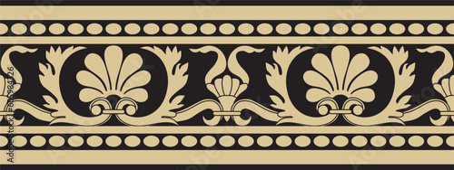 Vector gold and black seamless classic renaissance ornament. Endless european border, revival style frame..