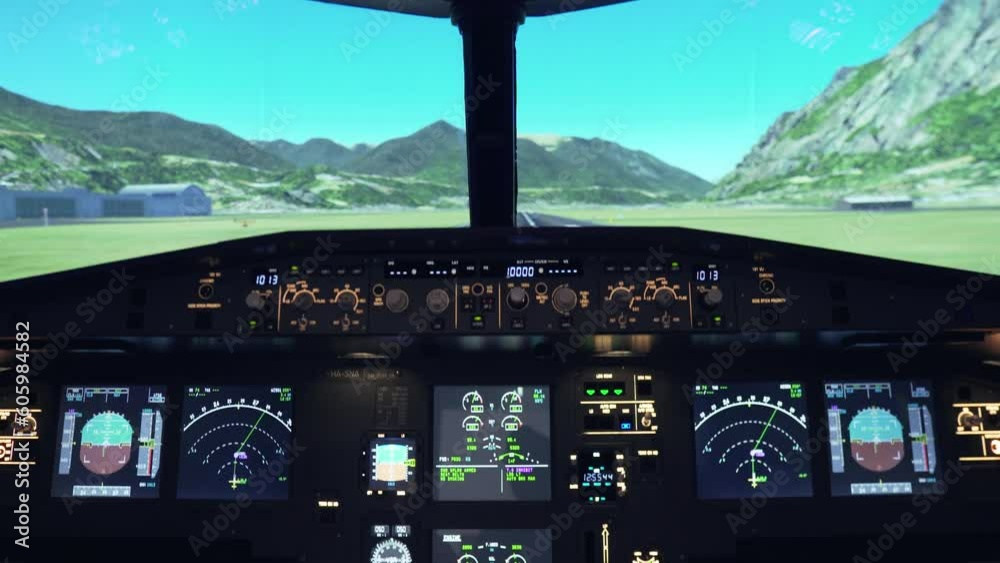Crew pilot driving inside a plane for a flight simulator on an airport runway
